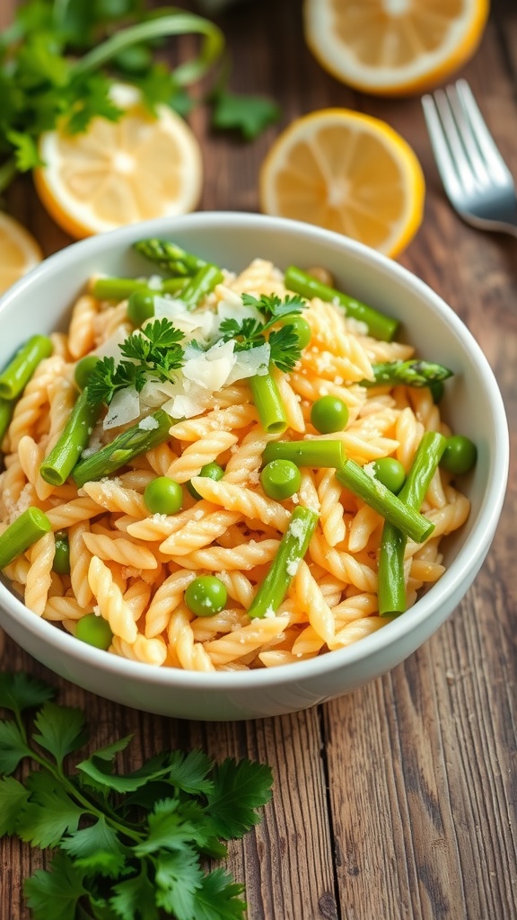 A colorful bowl of orzo pasta with asparagus and lemon, garnished with parsley and Parmesan.